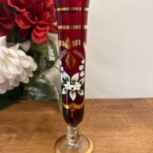 Vintage Red Gold Enameled Vase Hand Painted Floral Bohemian Czech Style Glass De
